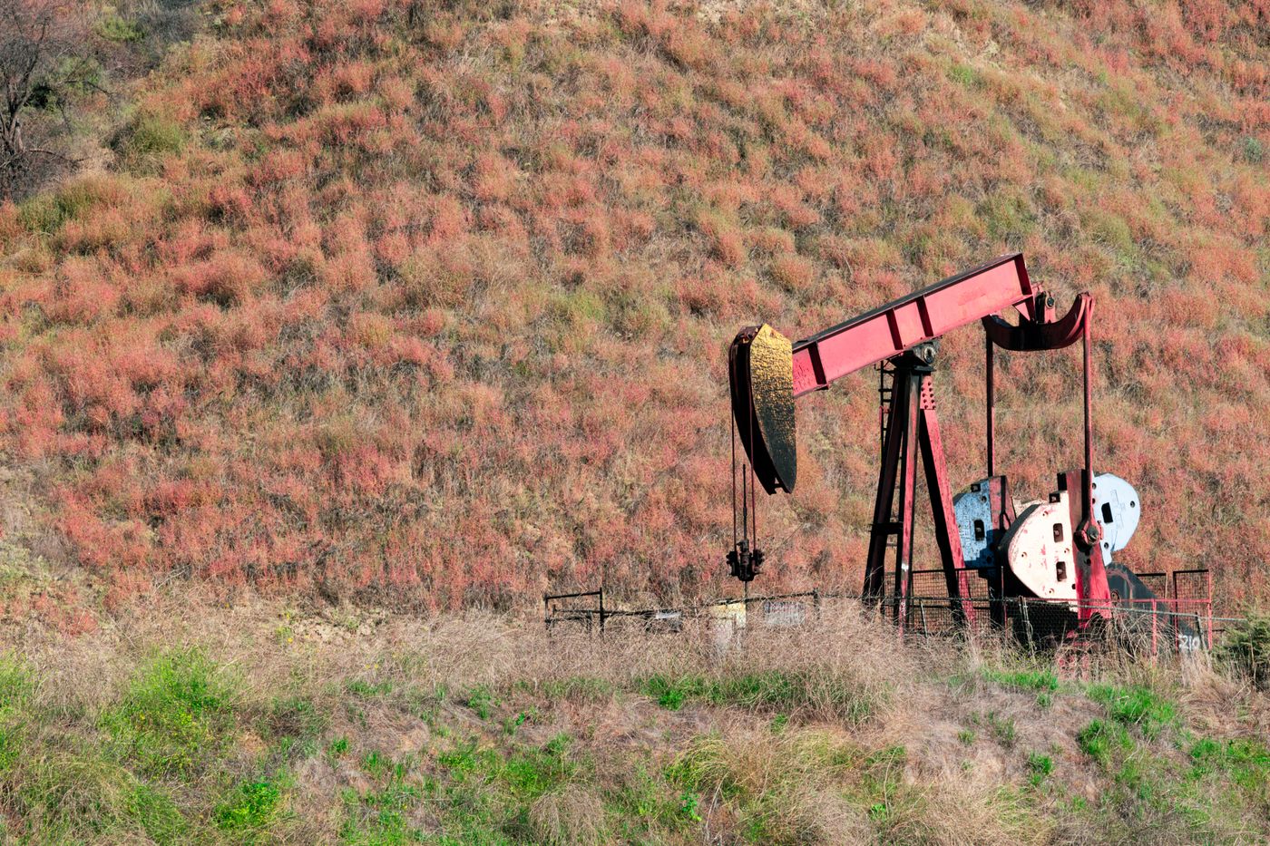 Oil pumpjack in a rural oilfield