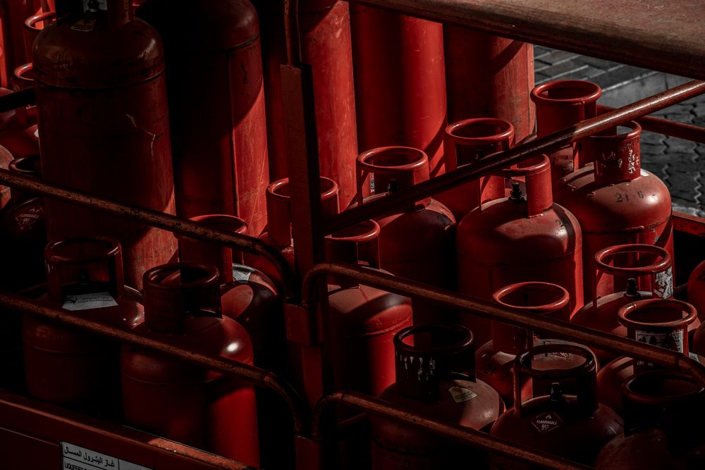 Stored LPG cylinders, illustrative industry photography